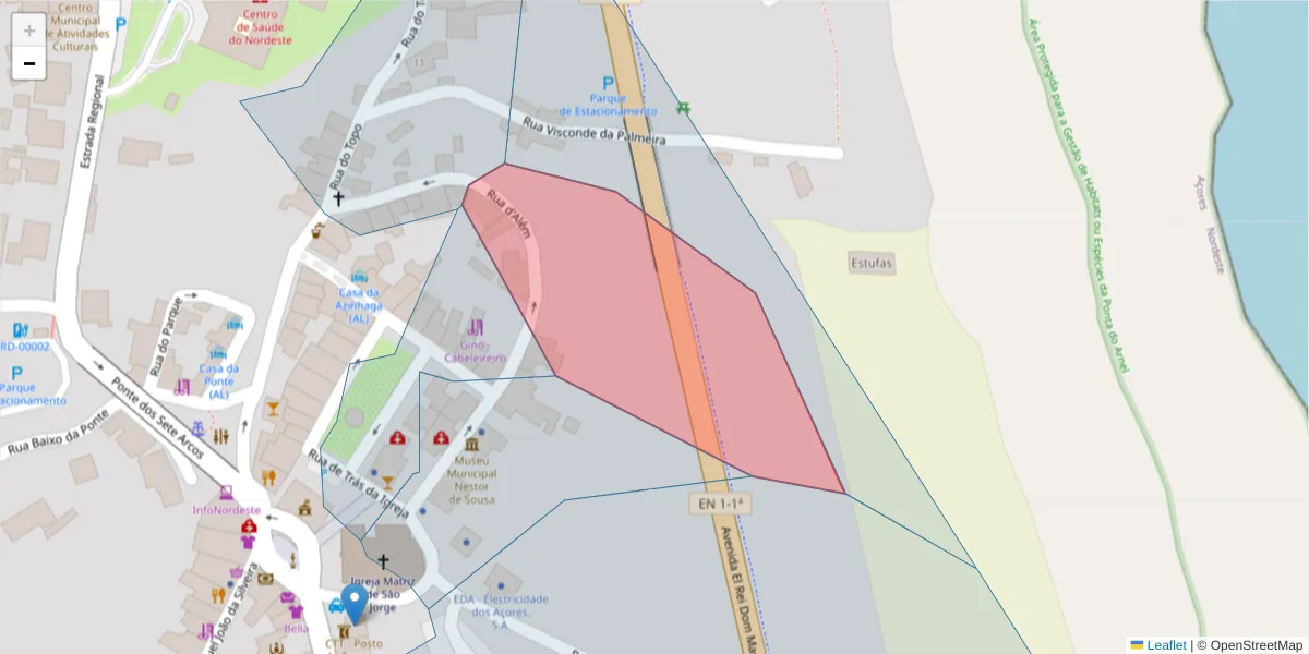 Mapa detalhado do código postal 9630-180 com limites, códigos postais vizinhos e agências dos correios