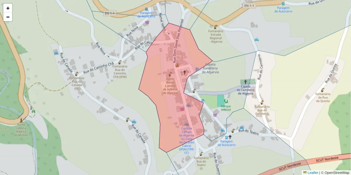 Mapa detalhado do código postal 9630-221 com limites, códigos postais vizinhos e agências dos correios