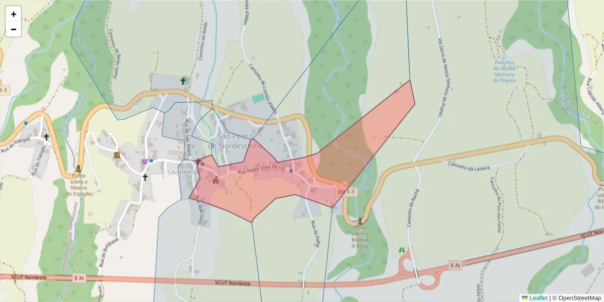 Mapa detalhado do código postal 9630-247 com limites, códigos postais vizinhos e agências dos correios