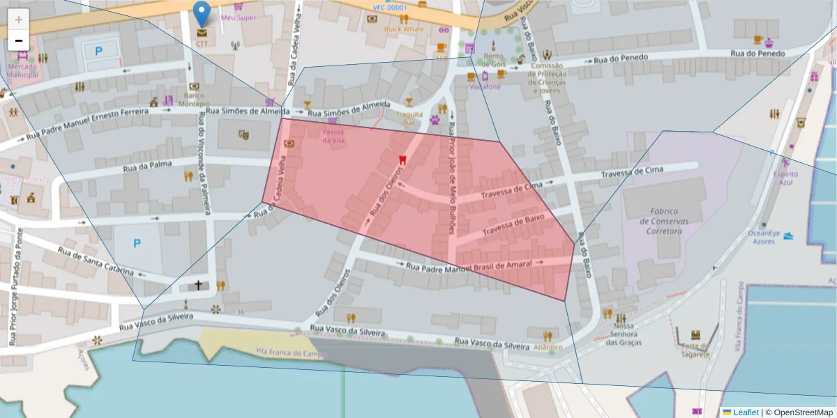 Mapa detalhado do código postal 9680-149 com limites, códigos postais vizinhos e agências dos correios