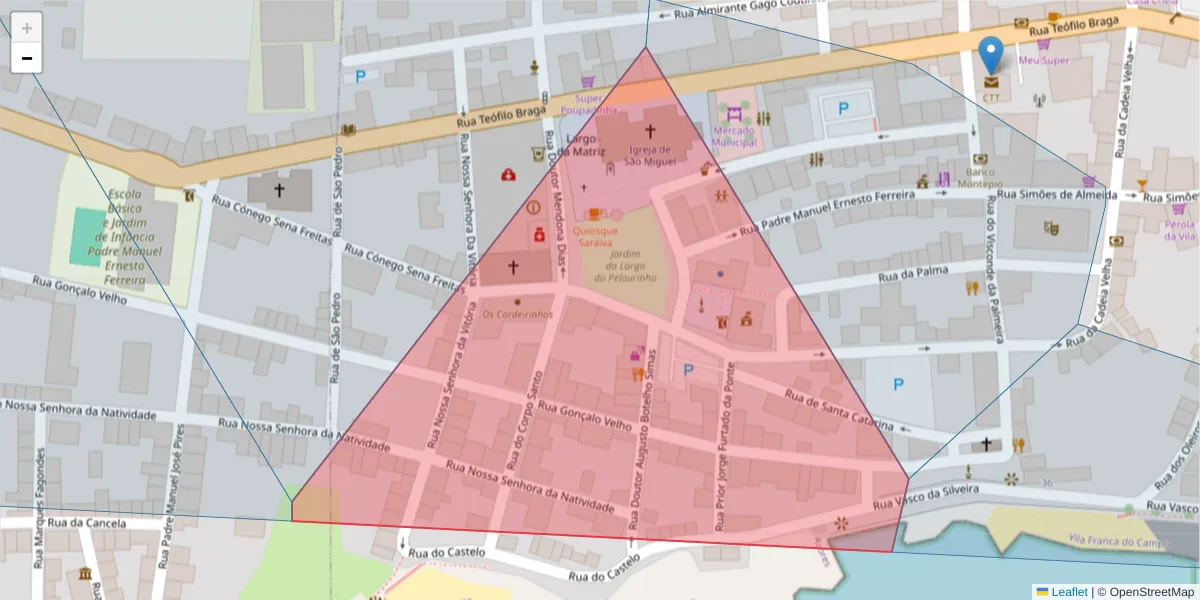 Mapa detalhado do código postal 9680-152 com limites, códigos postais vizinhos e agências dos correios