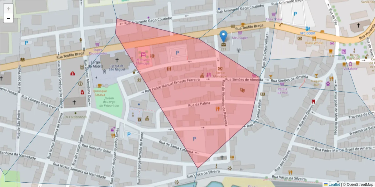 Mapa detalhado do código postal 9680-170 com limites, códigos postais vizinhos e agências dos correios