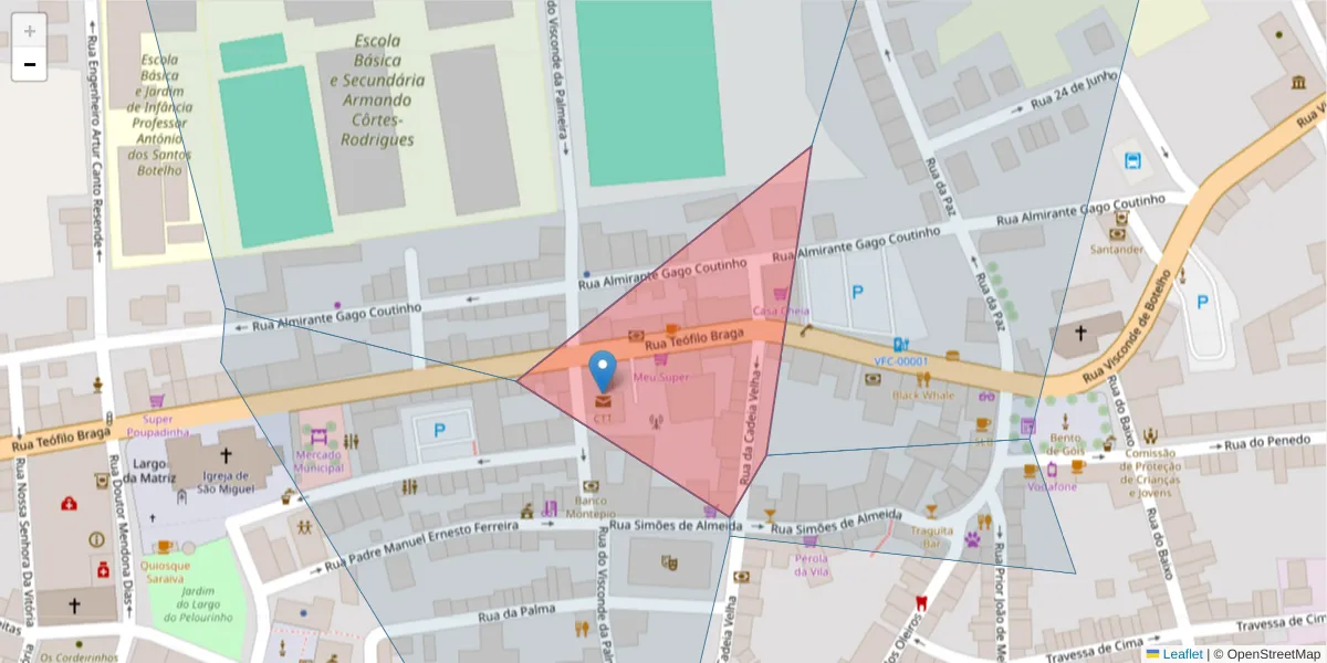 Mapa detalhado do código postal 9680-180 com limites, códigos postais vizinhos e agências dos correios