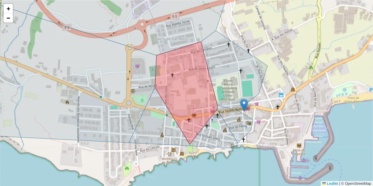 Mapa detalhado do código postal 9680-182 com limites, códigos postais vizinhos e agências dos correios